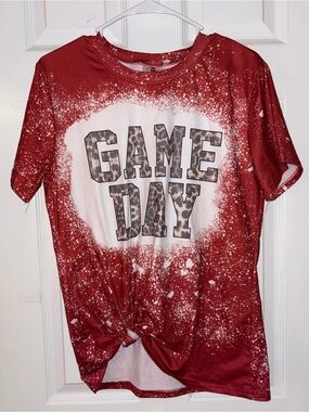 Red 'Game Day' Bleached Graphic Tee with Leopard Accent